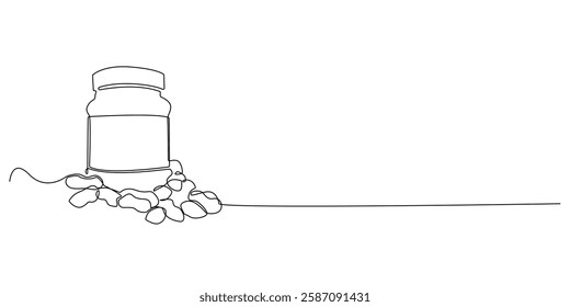 continuous line of peanut butter.one line drawing of a bottle of jam and peanuts.a complement to the bread dish.single line vector illustration.isolated white background