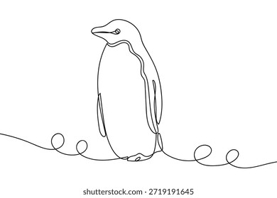 Uma linha contínua de pinguins está caminhando sobre uma placa de gelo. Ilustração gráfica vetorial de design de desenho de linha única.