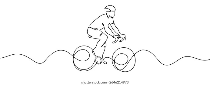 Linha contínua, pessoas que pedalam, ciclistas Vetor de linha desenhada à mão mínima recorta o fundo.