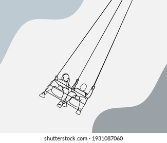 Continuous Line, People Enjoy A Swing Carousel. Drawing Of Set Carnival. (Vector Illustration One Line Drawing)