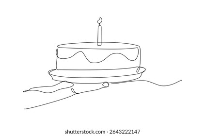 Continuous line of people hand holding creamy sweet birthday cake with candle and topping. Traditional birthday bakery dessert for party. Editable stroke sketch drawing vector illustration