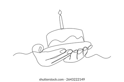 Continuous line of people hand holding creamy sweet birthday cake with candle and topping. Traditional birthday bakery dessert for party. Editable stroke sketch drawing vector illustration