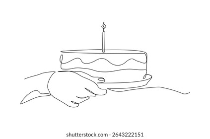 Continuous line of people hand holding creamy sweet birthday cake with candle and topping. Traditional birthday bakery dessert for party. Editable stroke sketch drawing vector illustration