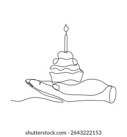 Continuous line of people hand holding creamy sweet birthday cake with candle and topping. Traditional birthday bakery dessert for party. Editable stroke sketch drawing vector illustration