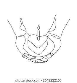 Continuous line of people hand holding creamy sweet birthday cake with candle and topping. Traditional birthday bakery dessert for party. Editable stroke sketch drawing vector illustration