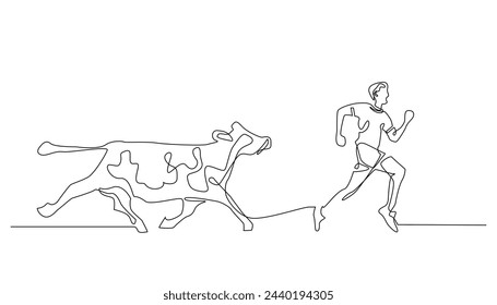 continuous line of people running from a rampaging cow.vector single line of cows chasing a man.one line drawing isolated white background