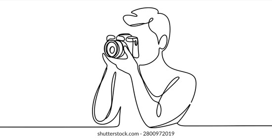 Continuous line of a person holding a camera and focusing on the lens line minimalist single line