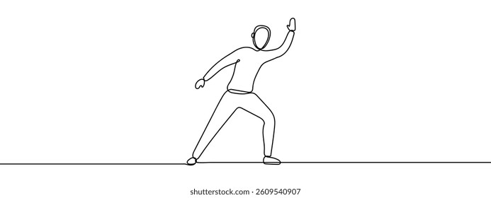 Continuous line, person standing with hands raised expressing happiness. line art vector illustration with white background.