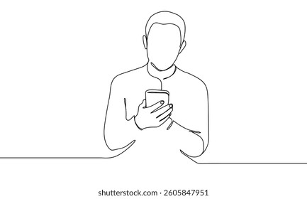 Continuous line, person using smartphone vector illustration with transparent background.