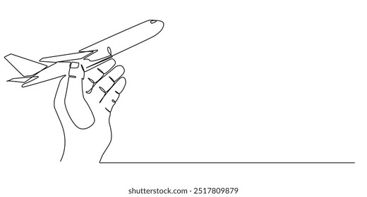 linha contínua da mão da pessoa segurando um avião.desenho de uma linha de uma mão voando um avião.ilustração vetor de linha única.fundo branco isolado