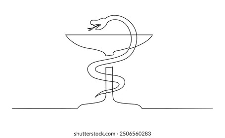 continuous line pharmacy logo.one line drawing of snake and bowl pharmacy emblem.single line health icon.isolated white background