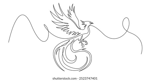 continuous line phoenix.one line drawing of flying phoenix.single line vector illustration.isolated white background