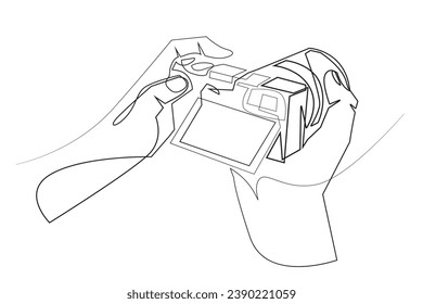 continuous line of photographer.single line of hand holding camera.line art of content creator,taking pictures.isolated white background