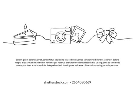 Pedaços de linha contínua de pão e fotos. Elemento decorativo de linha única desenhado em branco.