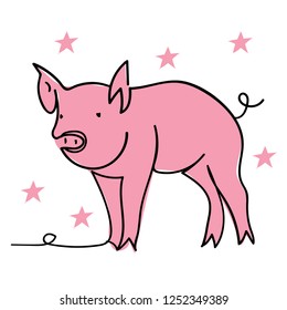 continuous line pig happy new year 2019 pink black and white pig drawing hand writing so cute