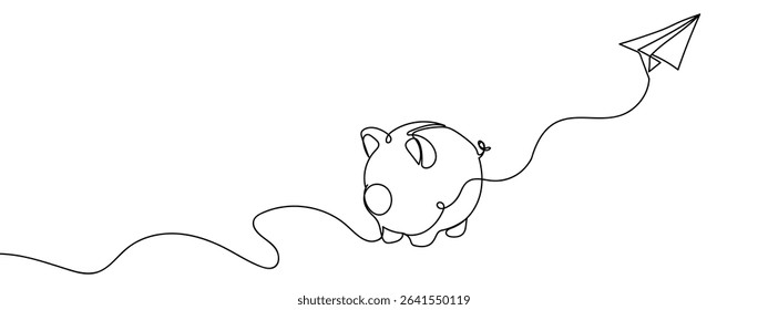 Continuous line, piggy bank with paper airplane, financial concept illustration Hand drawn vector art lines on transparent background.