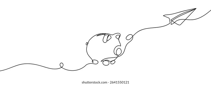 Continuous line, piggy bank with paper airplane, financial concept illustration Hand drawn vector art lines on transparent background.