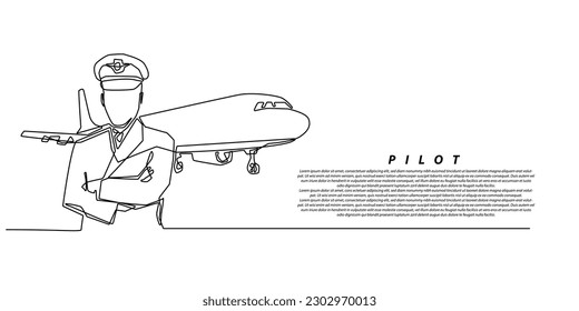 continuous line pilot.portrait of pilot standing against airplane background single line vector.isolated white background