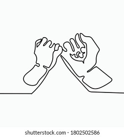 Continuous line pinky promise of father giving hand to his child concept
