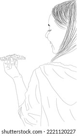 Continuous line pizza. Outline hand drawn woman eating pizza. Pizza slice outline style vector.