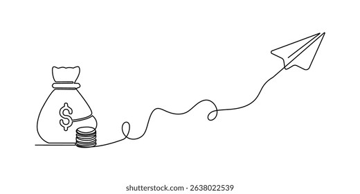 Continuous line plane art icon travel vector sketch outline illustration doodle. single line plane one background trip flight air lineart airplane money linear aircraft fly airport path business coin