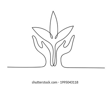Continuous line plant with hands. Single path drawing. Vector illustration.