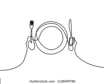 Continuous line plate, khife and fork. First person view. Vector illustration.