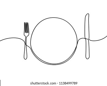 Continuous line plate  khife   fork  Vector illustration 