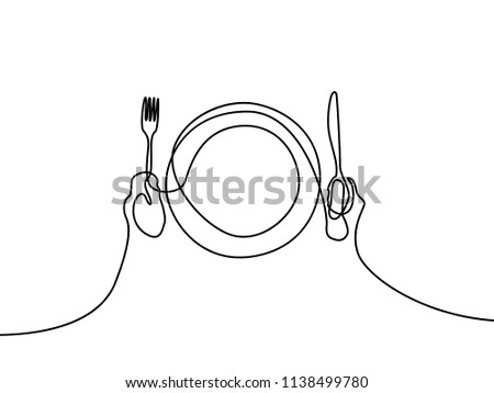 Continuous line plate, khife and fork. First person view. Vector illustration.