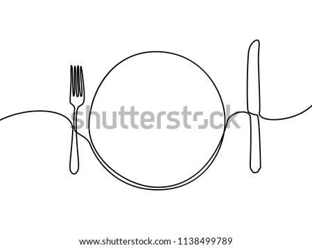 Continuous line plate, khife and fork. Vector illustration. Stock photo © 