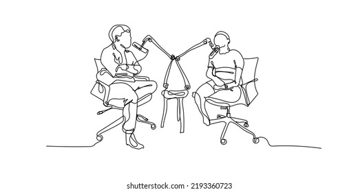 continuous line of podcast activity.line drawing of podcast activity of men.single line vector continuous line of podcast men using microphone and headphones