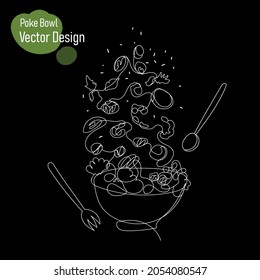 Continuous line poke bowl in line art style on black background. Vector linear illustration. Vector illustration design. Sketch drawing modern healthy food