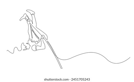 continuous line pole vault sport.single line vector athlete pole vault jump.isolated white background