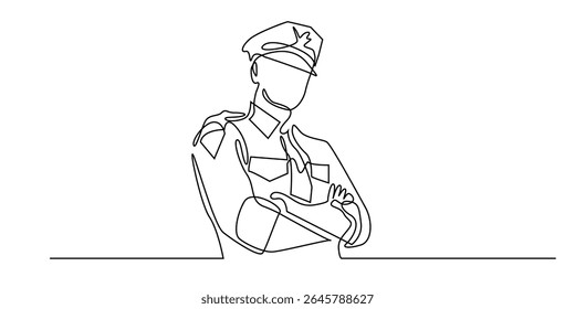 continuous line police crossing arms.single line art of male police pose.isolated white background