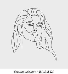 Continuous line, Portrait of beautiful young girl. Drawing of set People. (Vector illustration one line drawing)