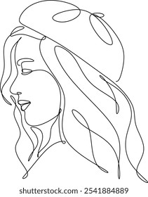 Continuous line portrait of fashionable woman in hat.  Hand drawn without artificial intelligence