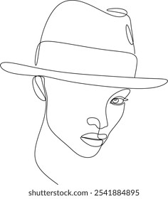 Continuous line portrait of fashionable woman in hat.  Hand drawn without artificial intelligence