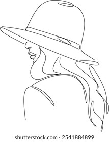 Continuous line portrait of fashionable woman in hat.  Hand drawn without artificial intelligence