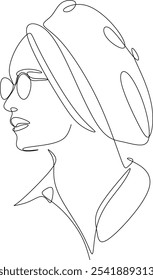 Continuous line portrait of fashionable woman in hat.  Hand drawn without artificial intelligence