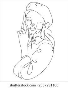 Continuous line portrait of fashionable woman in hat.  Hand drawn without artificial intelligence