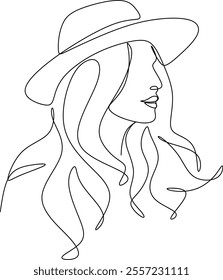 Continuous line portrait of fashionable woman in hat.  Hand drawn without artificial intelligence