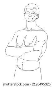 Continuous line portrait of handsome muscled man with crossed arms.