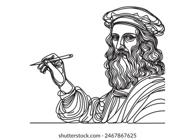 Continuous line portrait of Leonardo da Vinci. One line vector of the artist's face. Vector illustration of the artist da Vinci