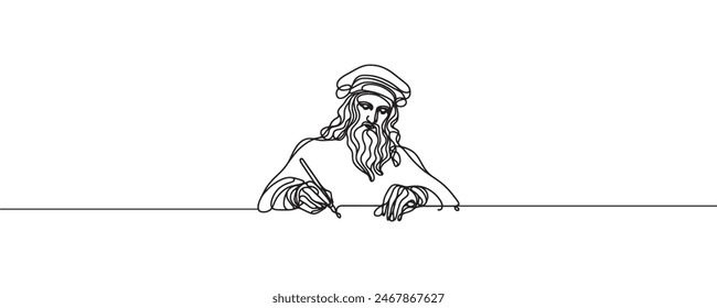 Continuous line portrait of Leonardo da Vinci. One line vector of the artist's face. Vector illustration of the artist da Vinci