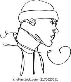 Un retrato continuo en línea de un hombre con una gorra y un suéter de cuello alto. Ilustración vectorial de línea continua, vista de perfil.