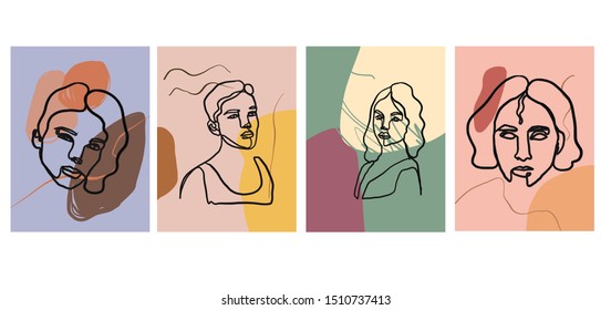 Continuous line  portrait on an abstract background with freehand colorful shapes elements.
