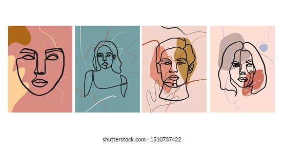 Continuous line  portrait on an abstract background with freehand colorful shapes elements.
