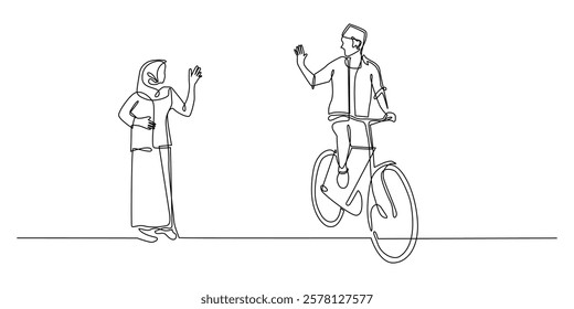 continuous line portrait of rural people.one line drawing of husband going to work by bicycle,wife waving her hand.single line vector illustration.isolated white background