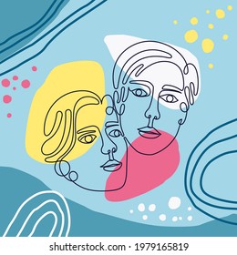 Continuous line portrait of two joyful women. Modern minimalistic style. Lineart design. Vector hand drawn illustration.