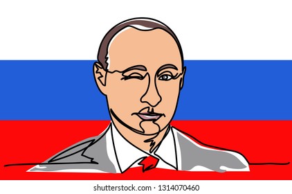 Continuous Line, Portrait Of Vladimir Putin Winks The President Of Russia  On The Background Of The Flag Of Russia.  Vector Illsustration Design. 2019